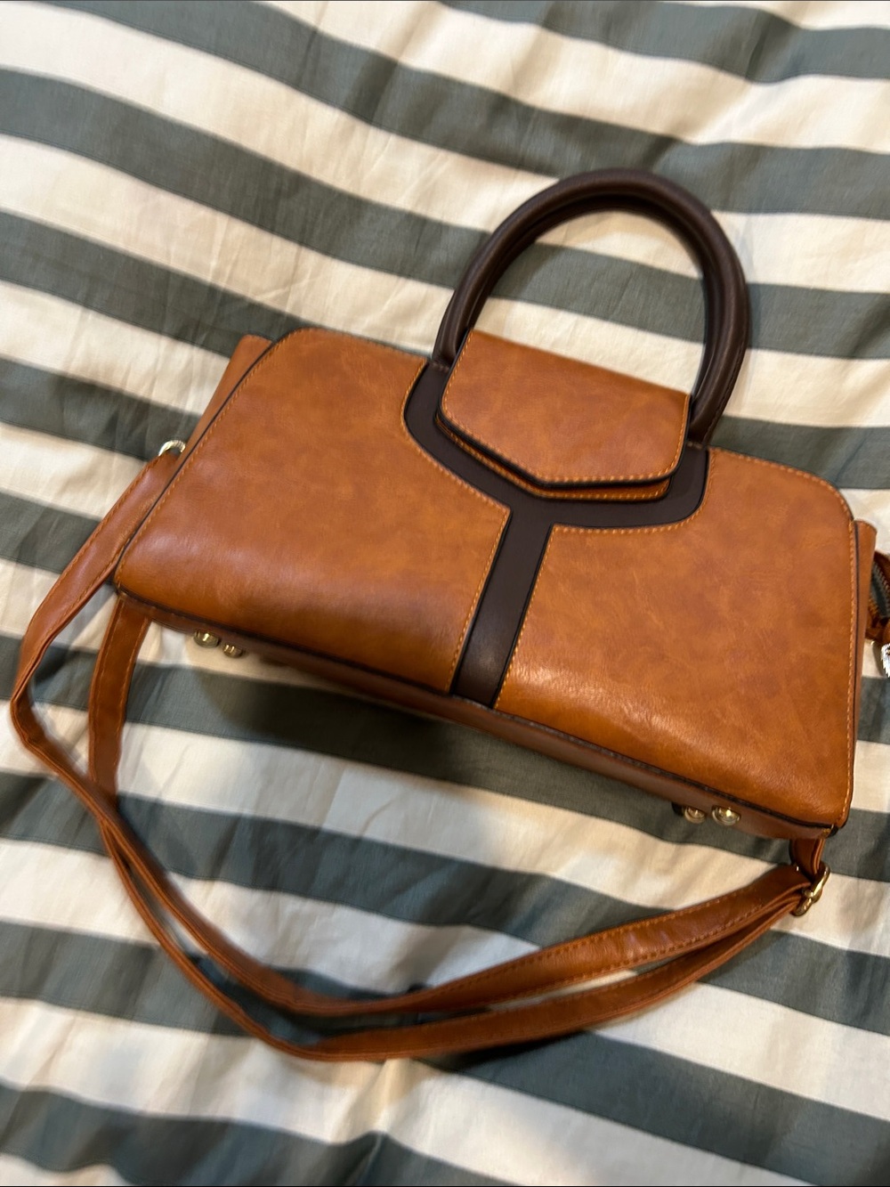 SHEIN Two-Tone Tan & Dark Brown Structured Satchel